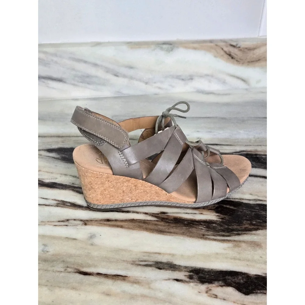 Clarks‎ Collection Taupe Leather Strappy Cork Wedge Sandals 9.5M